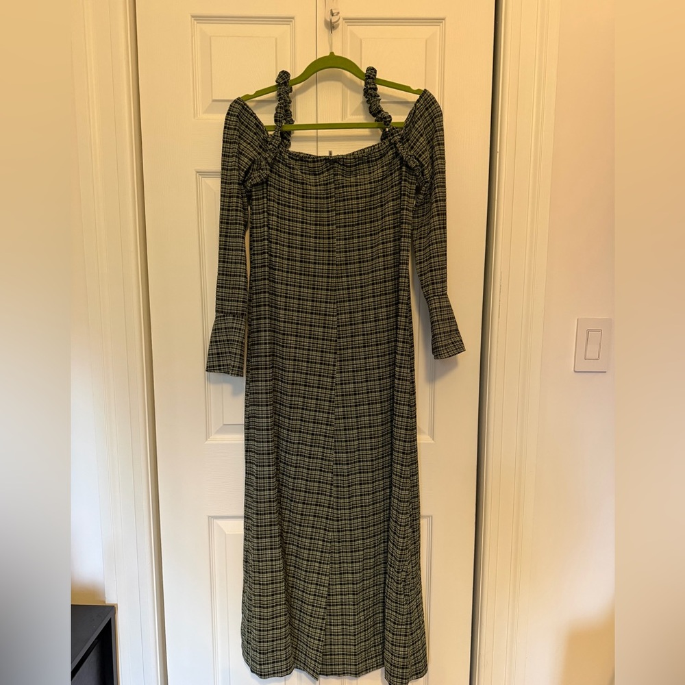 Ganni Seersucker Checkered Long Sleeve Dress in green and black